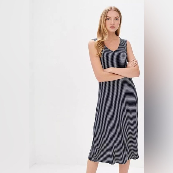 Gap Sleeveless Knit Midi V-Neck Dress Navy/White Striped Viscose Spandex XS‎ EUC - Picture 1 of 12